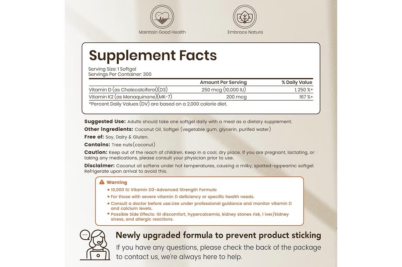 VEV Vitamin D3 & K2 10,000 IU D3 200 mcg K2 Gluten-Free Vegan 300 Softgels