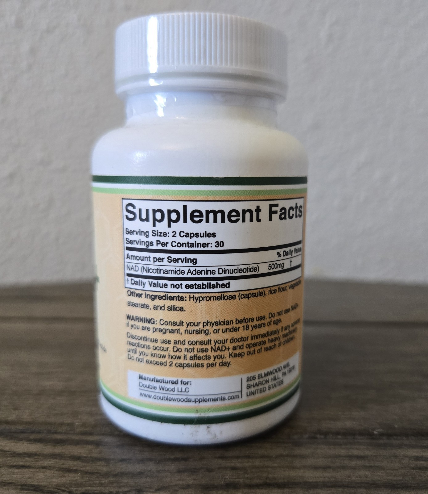 Double Wood Supplements NAD+ 500 mg 60 Capsules Non-GMO Gluten-Free Supplement