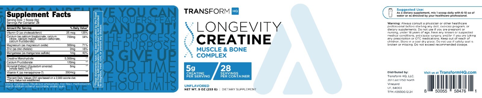 TransformHQ Healthy Aging Longevity Creatine Powder (28 Servings) Unflavored