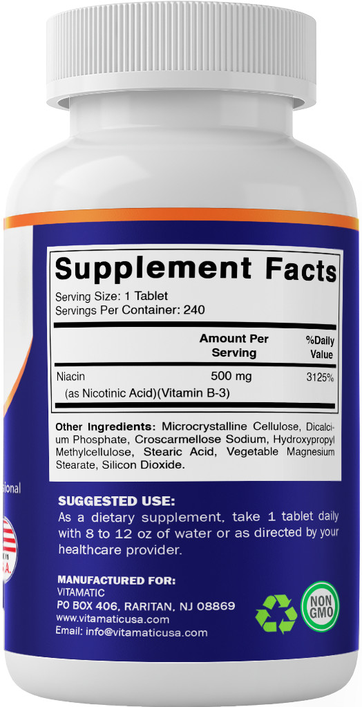 Vitamatic Niacin (Vitamin B3) 500mg, Sustained Release – 240 Tablets – 2 Pack