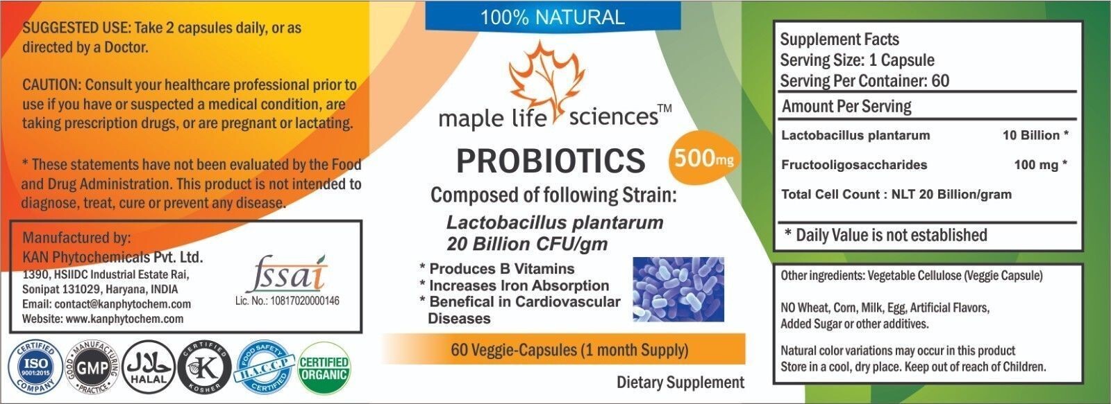 Probiotic Lactobacillus Plantarum 20 Billion CFU/gm Capsules – 500mg – AU Stock