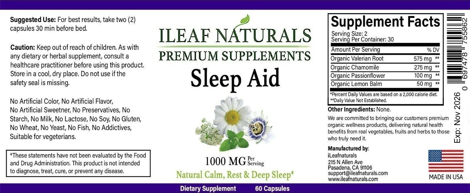 iLeafNaturals Sleep Aid – Synergistic Mix – 1000 MG – 60 Veggie Capsules