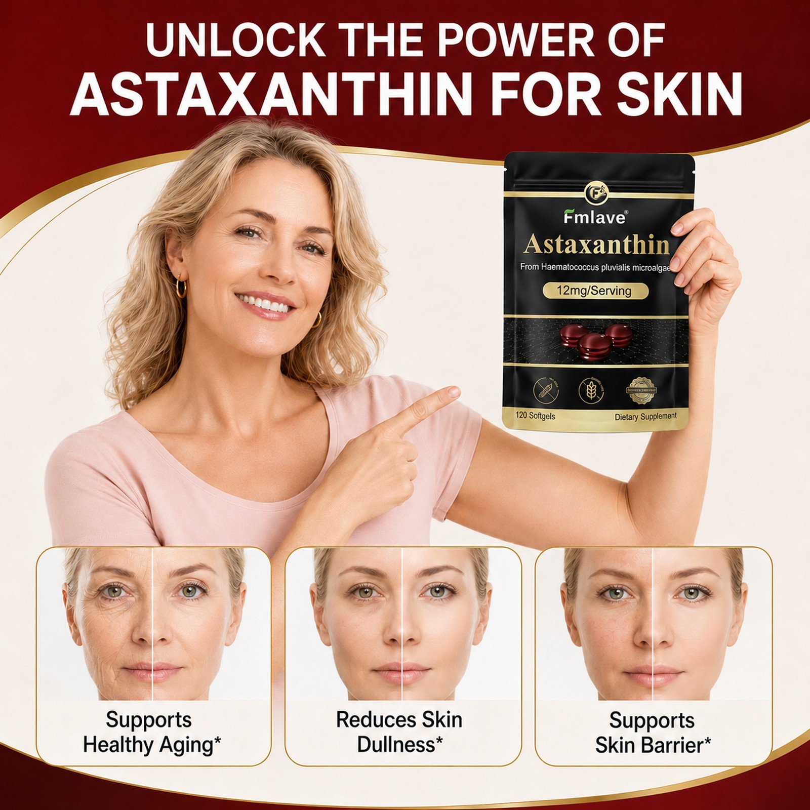 Astaxanthin 12mg 120gels Fresh Microalgae Source Antioxidant/Skin/Eye/Joint