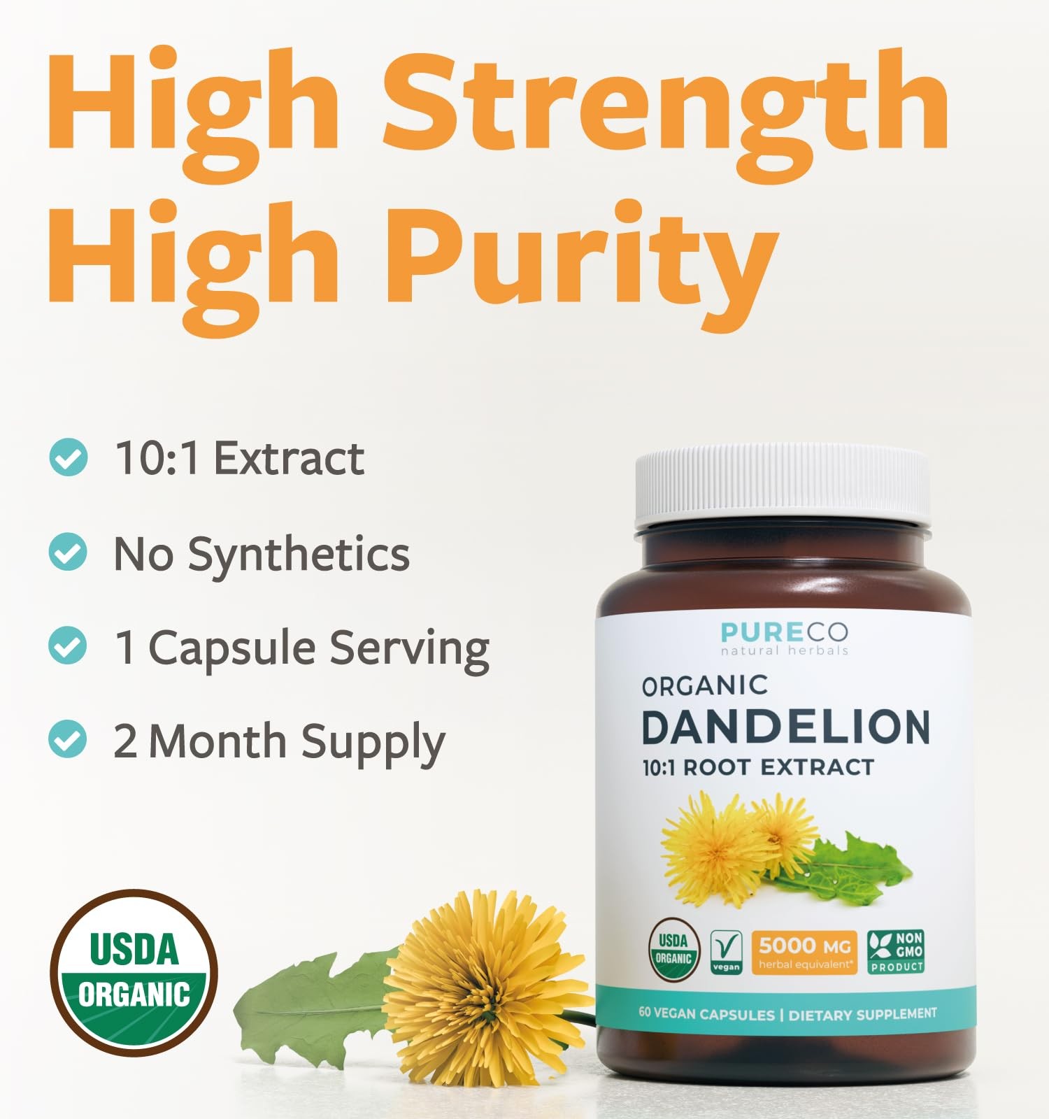 USDA Organic Dandelion Root Extract – High Potency 10:1 60 Count (Pack of 1)