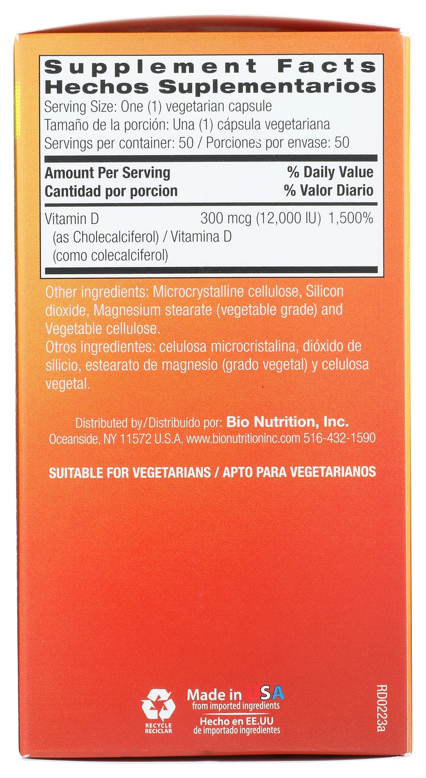 Vitamin D3 300 Mcg By Bio Nutrition 50 Vegetarian Capsules Supplement 1 Pack