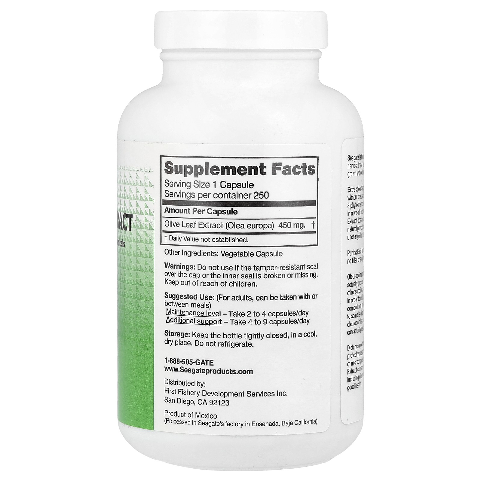 Seagate Olive Leaf Extract 450 mg 250 Veggie Caps Chemical-Free