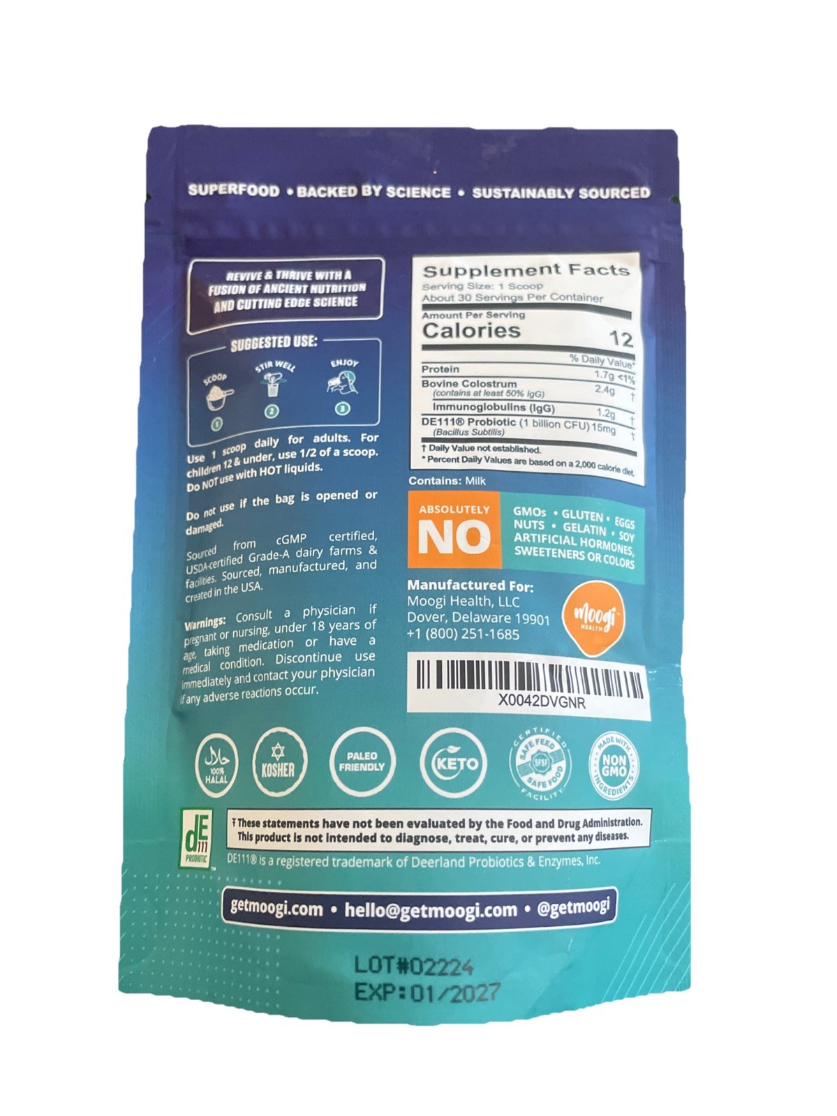 Moogi Health Colostrum + Probiotic DE111 Gut Health 2.6oz Unflavored 01/27