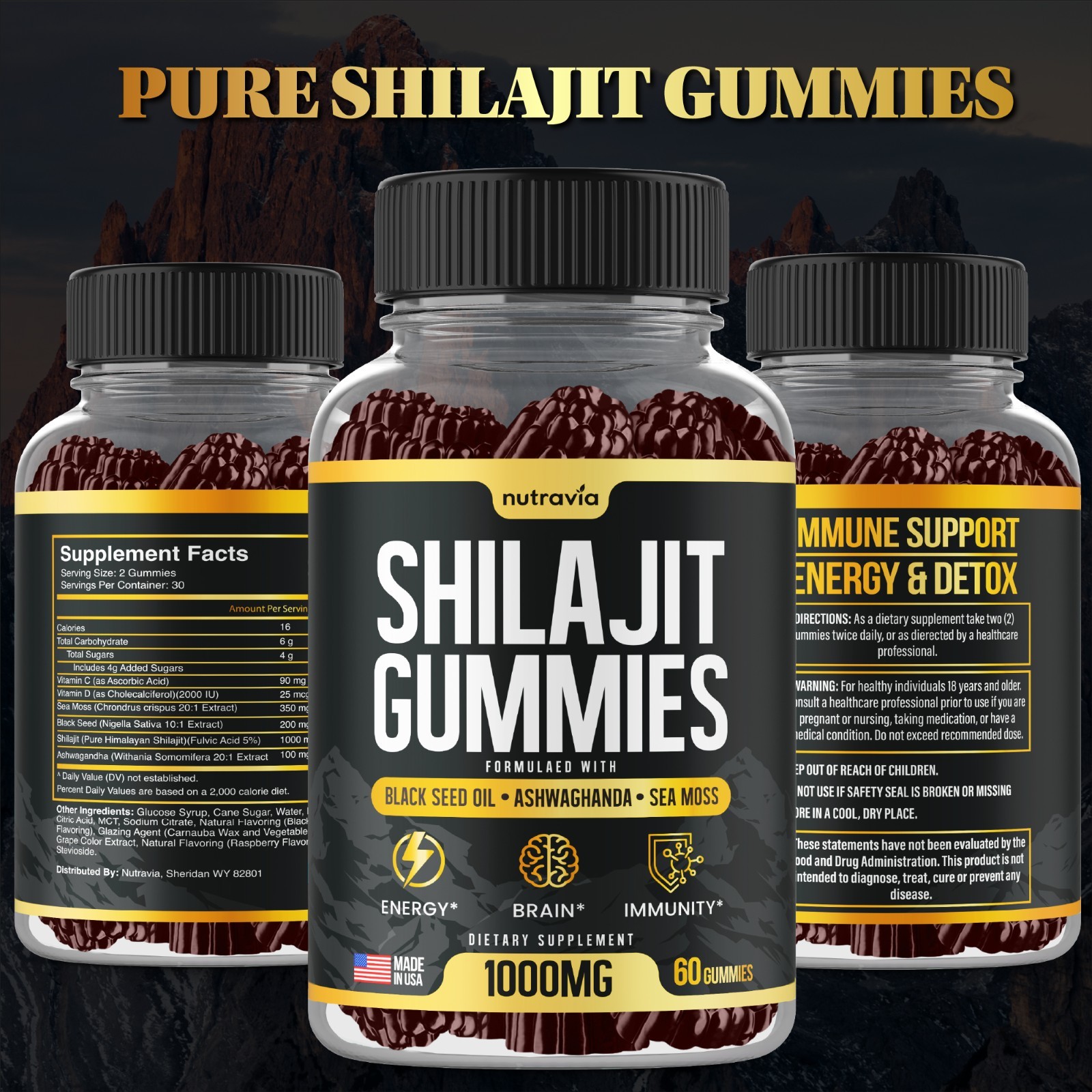 Shilajit Gummies – 3 in 1 with Sea Moss, Black Seed Oil, Ashwagandha Gummies