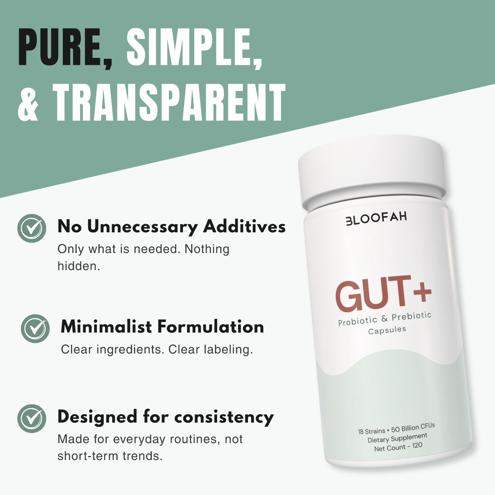 Bloofah Gut+ Probiotic 50 Billion CFU | 18 Strains | 120 Capsules | Prebiotic