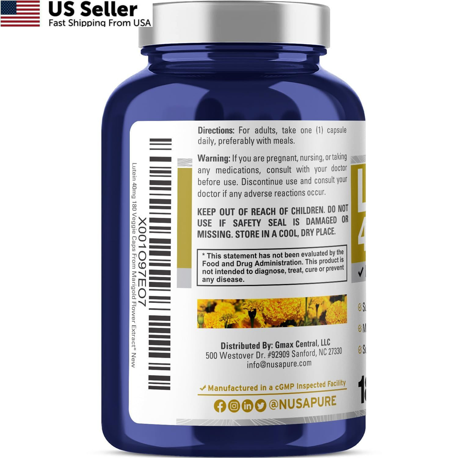 NusasPure Lutein – Suitable for Vegetarian/Vegan, Non – 180 Count (Pack of 1)