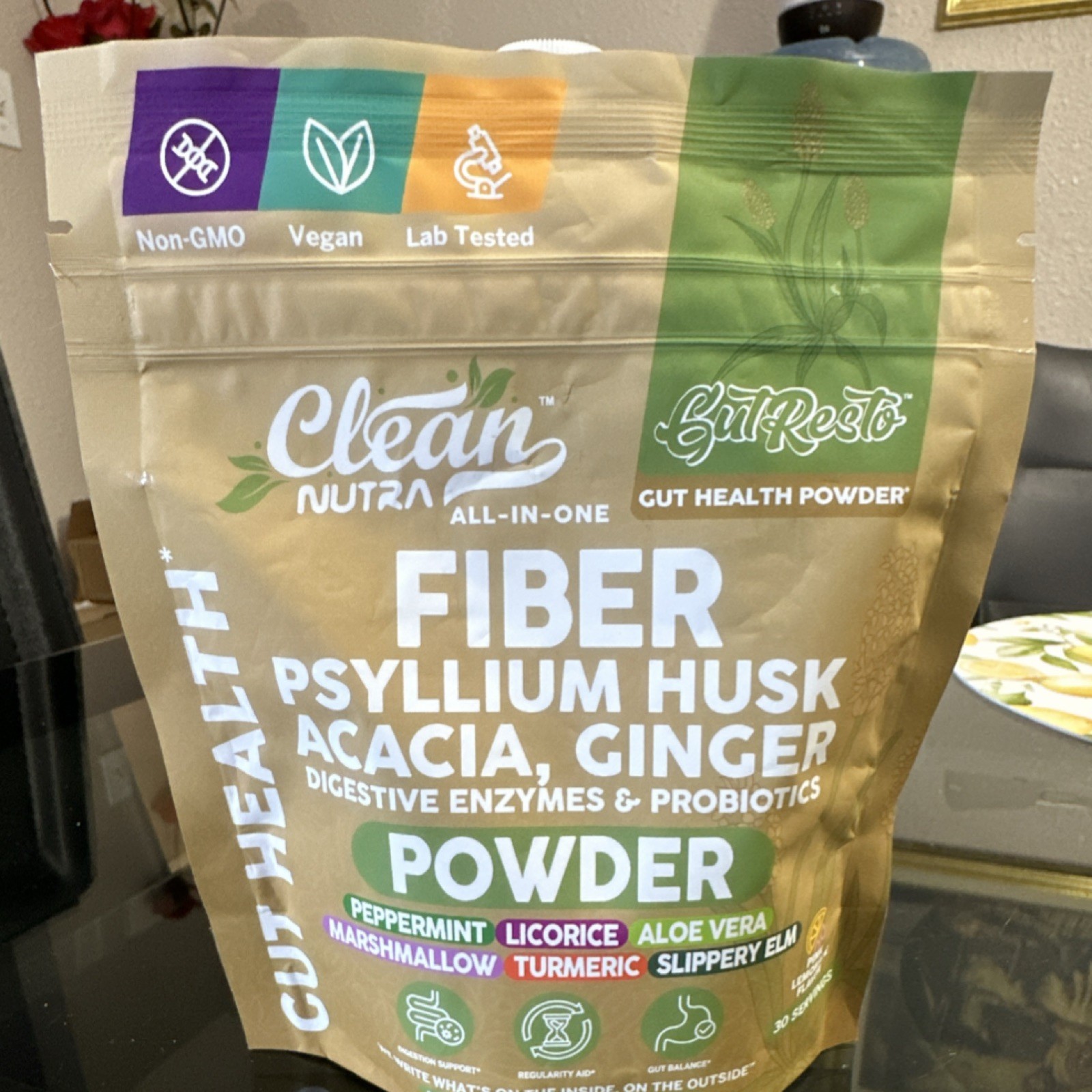 Clean Nutra Gut Resto Fiber Psyllium Acacia Ginger Powder Pink Lemonade Vegan