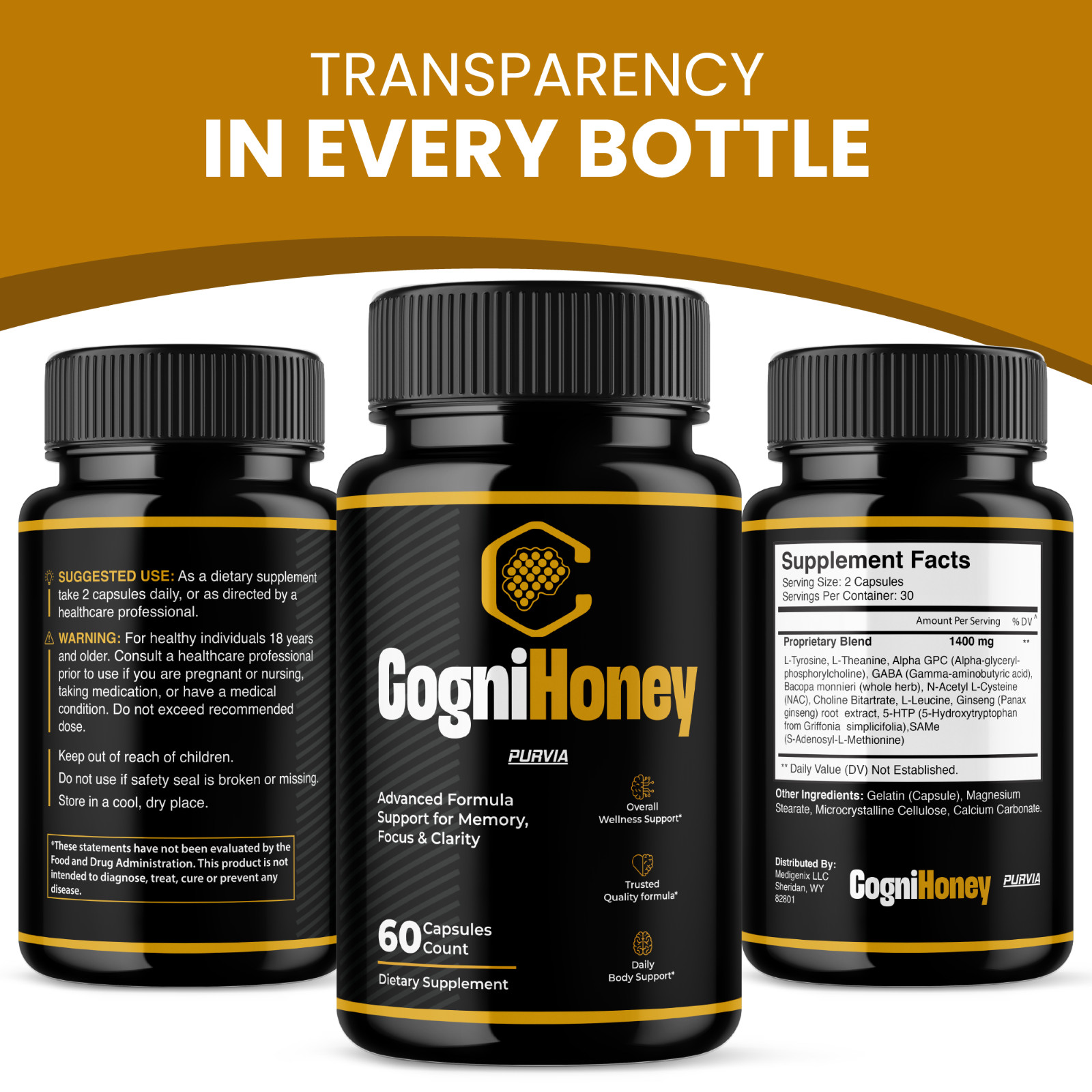 Cogni Honey Capsules Memory Focus Sharp Mind CogniHoney Supplements Pills (60ct)