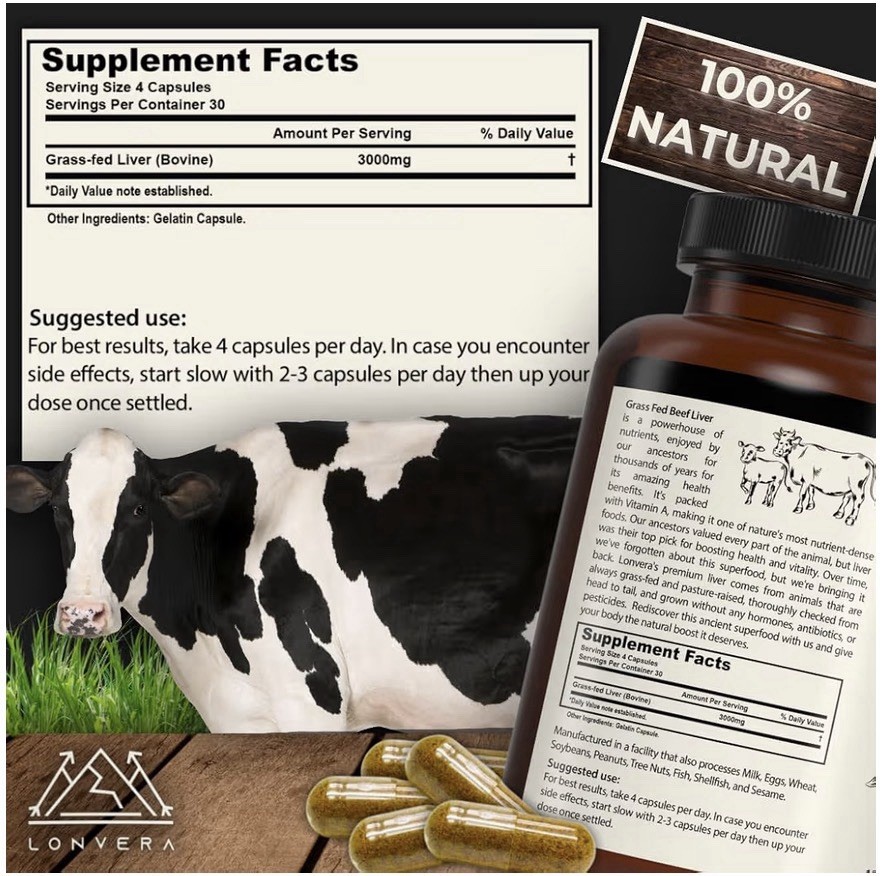 LONVERA Grass Fed Beef Liver Supplement 750 mg Capsules, 120 Count