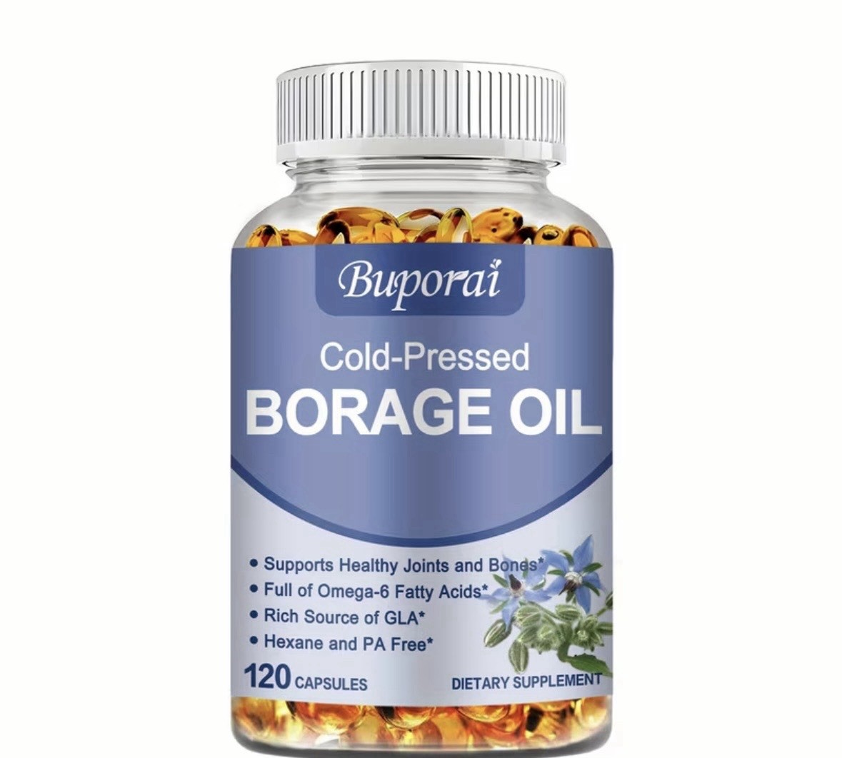 Buporai Cold-Pressed Borage Oil 1000mg Hexane-Free 120 Capsules Joint
