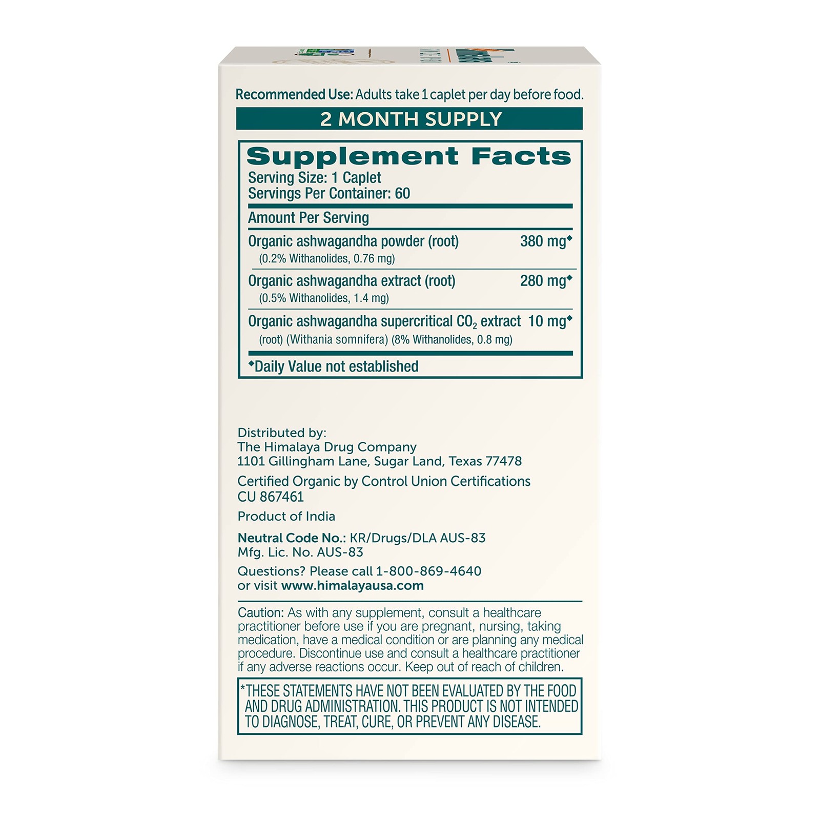 Himalaya Organic Ashwagandha Root, 60 Day 60 Count (Pack of 1), Color.value