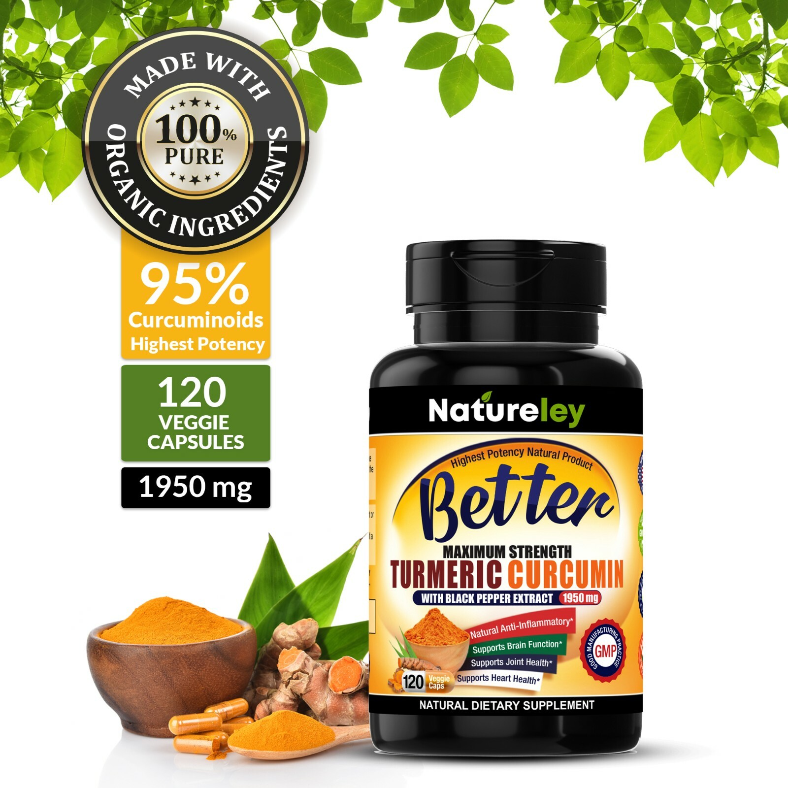 Organic Turmeric Curcumin 1950mg with Black Pepper Extract Supplements -120 Caps