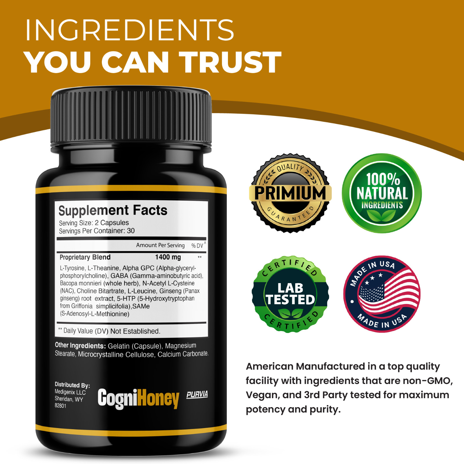 Cogni Honey Capsules Memory Focus Sharp Mind CogniHoney Supplements Pills (60ct)