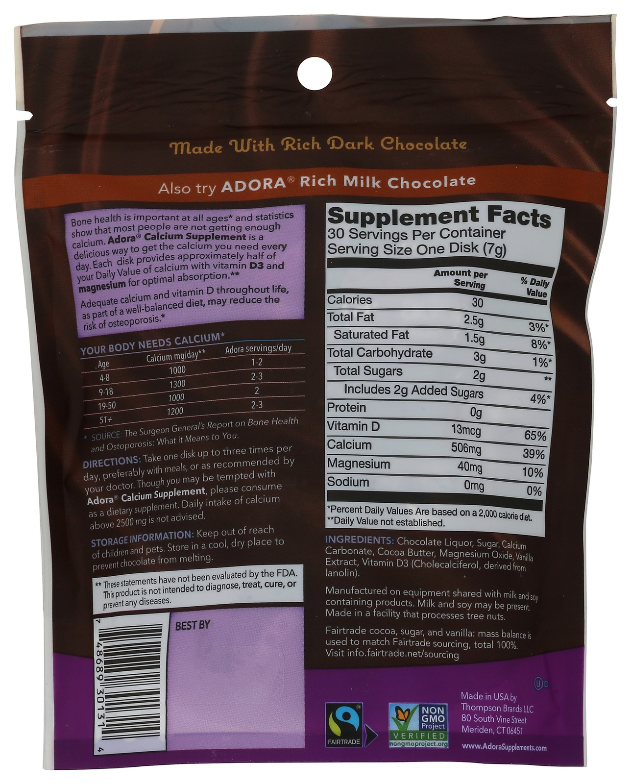 Adora Calcium Disks Dark Chocolate Bone Health Supplement 30 6 Pack