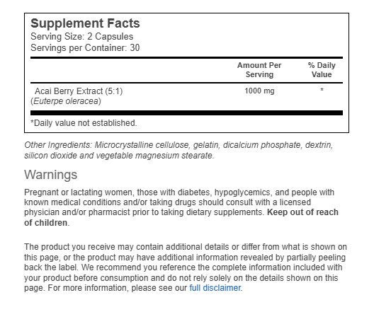 Vitacost Acai Berry Extract — 1000 mg per serving – 60 Capsules, Exp: 2/2028