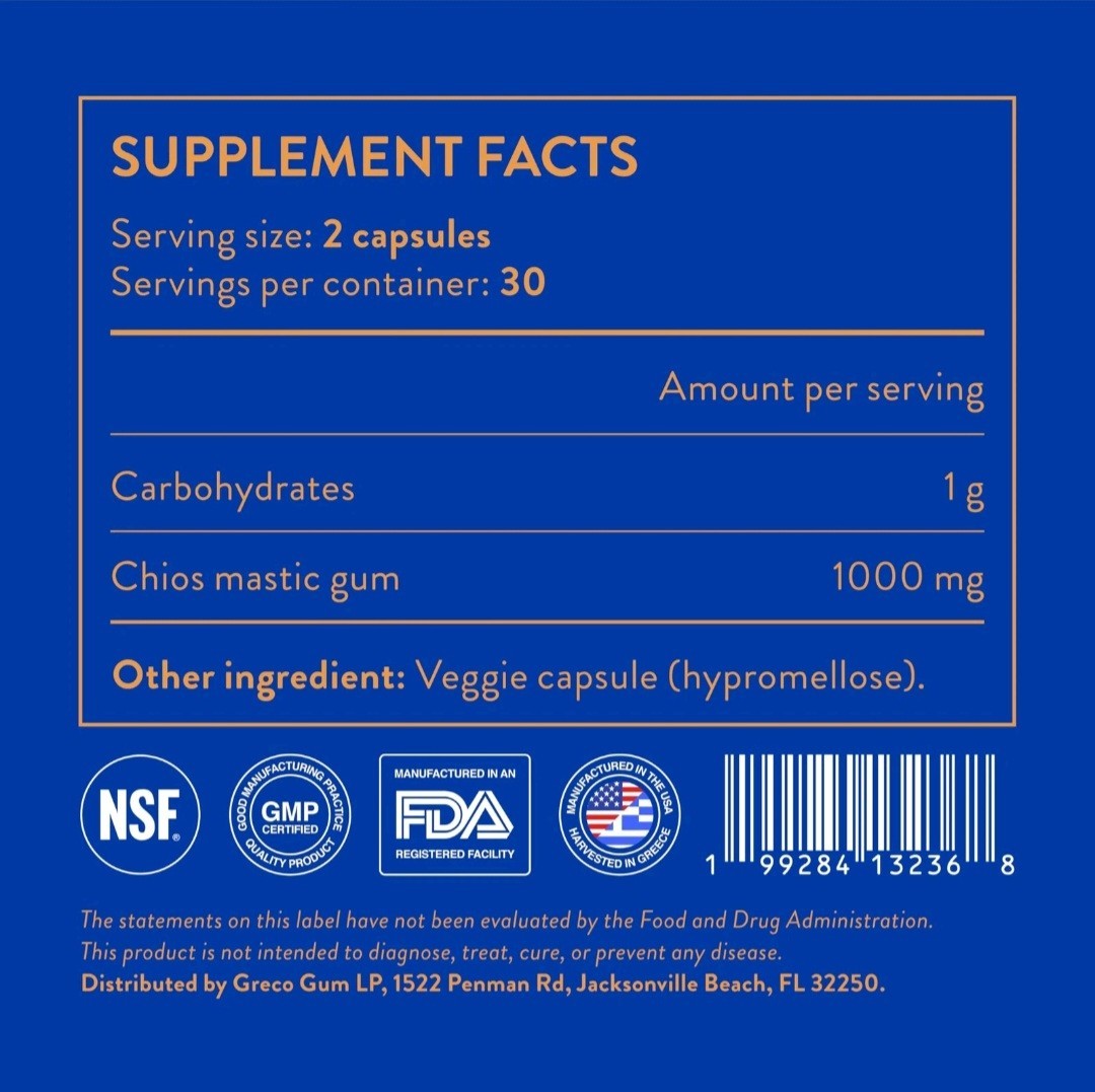 GRECO GUM Mastic Gum Digestive Support 1000mg Capsules 60 Ct Exp 06/2026