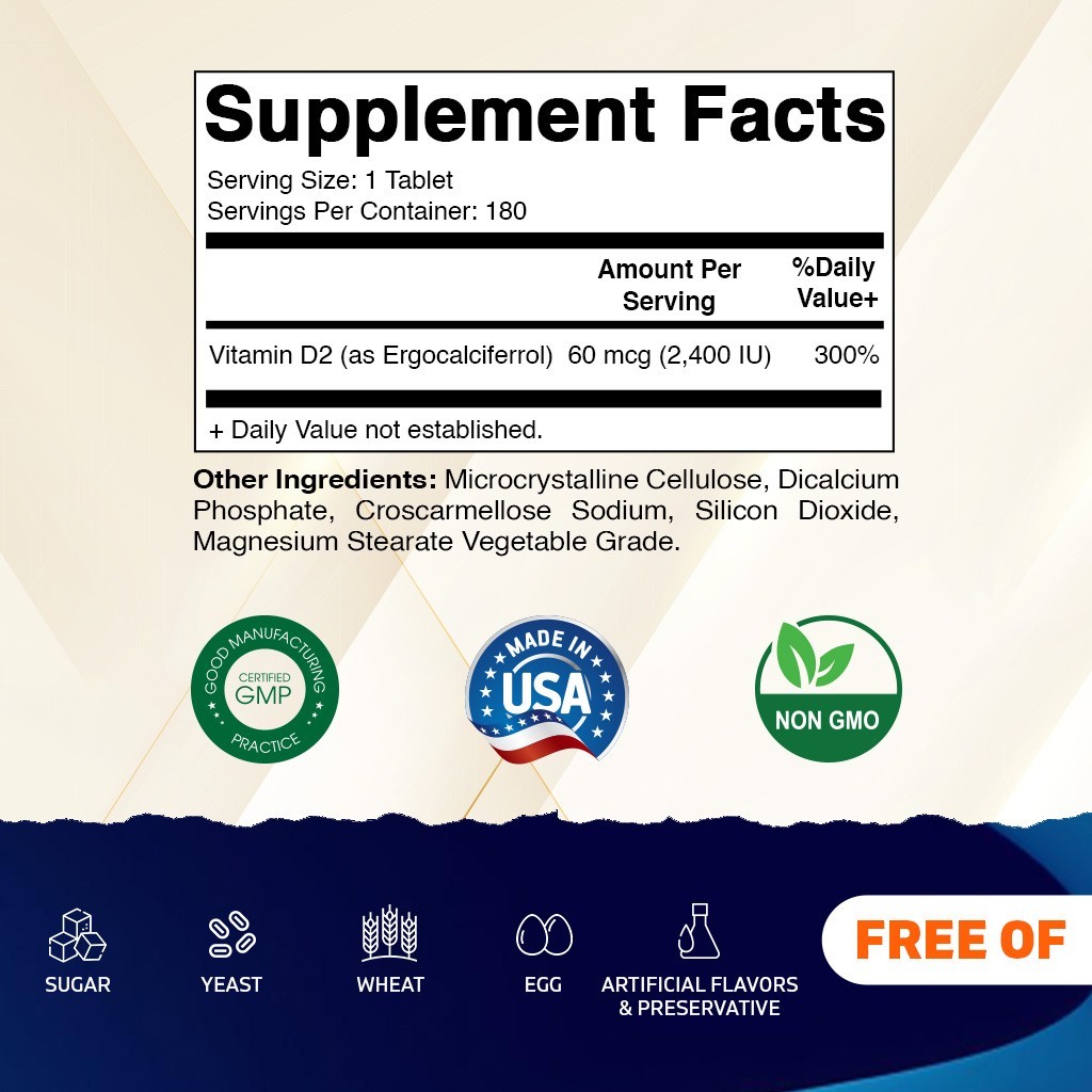 Vitamatic Vitamin D2 60 mcg (2400 IU) – Ergocalciferol – 180 Vegetarian Tablets
