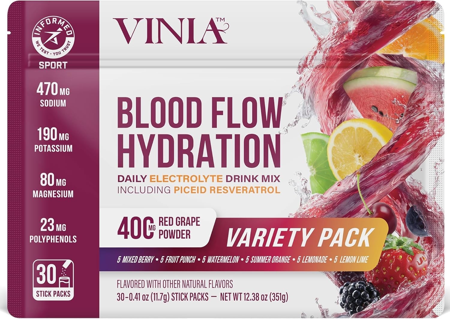 VINIA Resveratrol Electrolyte Hydration Powder Mix Variety Mix Blood Flow