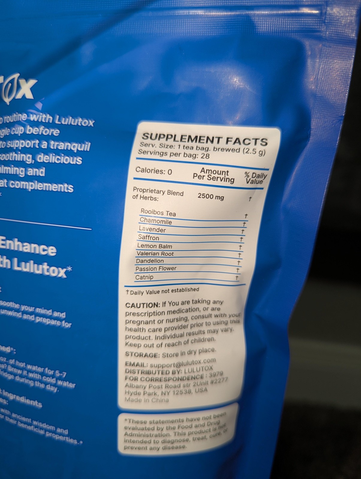 LuluTox Sleep Calming Tea Herbal Supplement 28 Bags Vegan Gluten-Free Tea 2pk