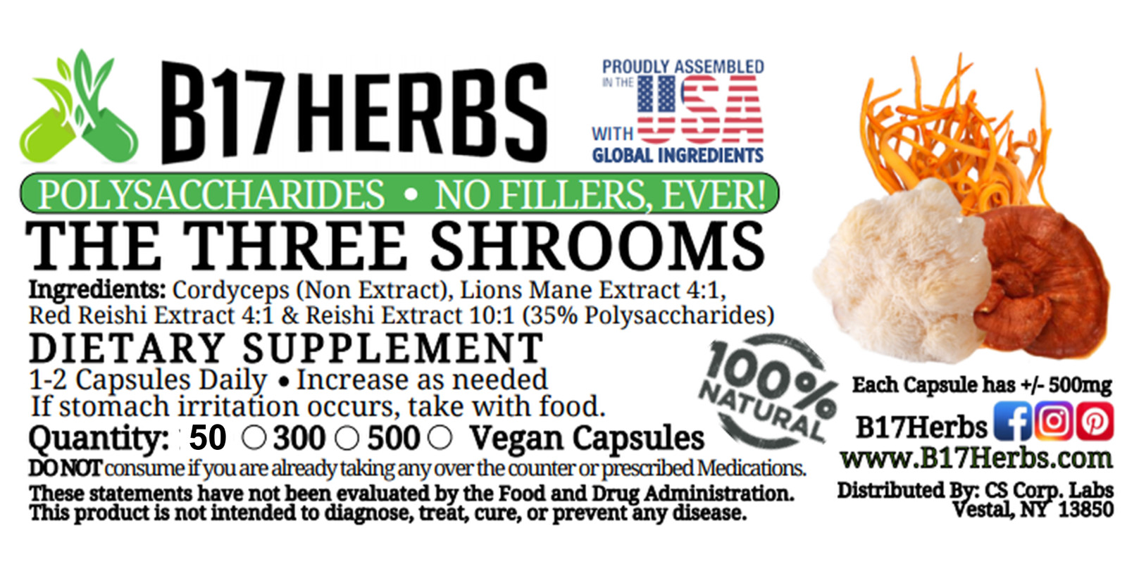 Three Mushroom Blend – Lions Mane, Red Reishi, Cordyceps – 500mg- 50 Veggie Caps