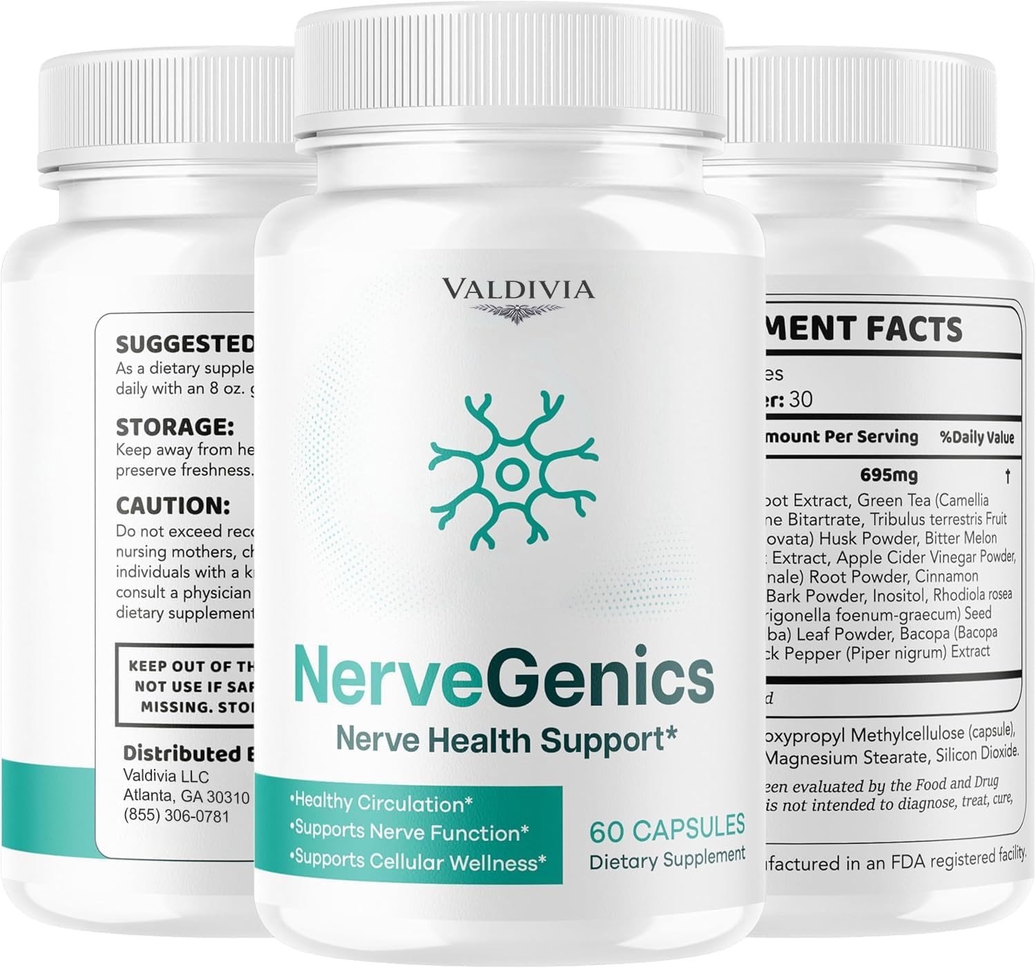 Valdivia NerveGenics 180 Capsules 3 Pack Nerve Support Supplement Made in USA