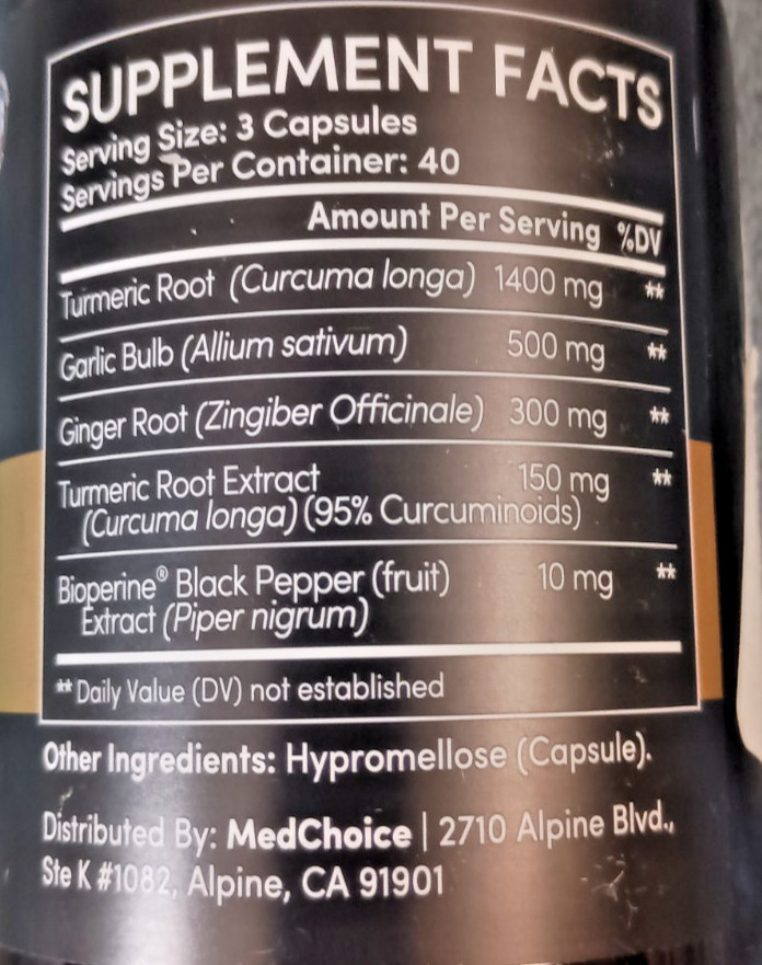 MedChoice Turmeric Bioperine Garlic Ginger Supplement 2360mg 120 Capsules