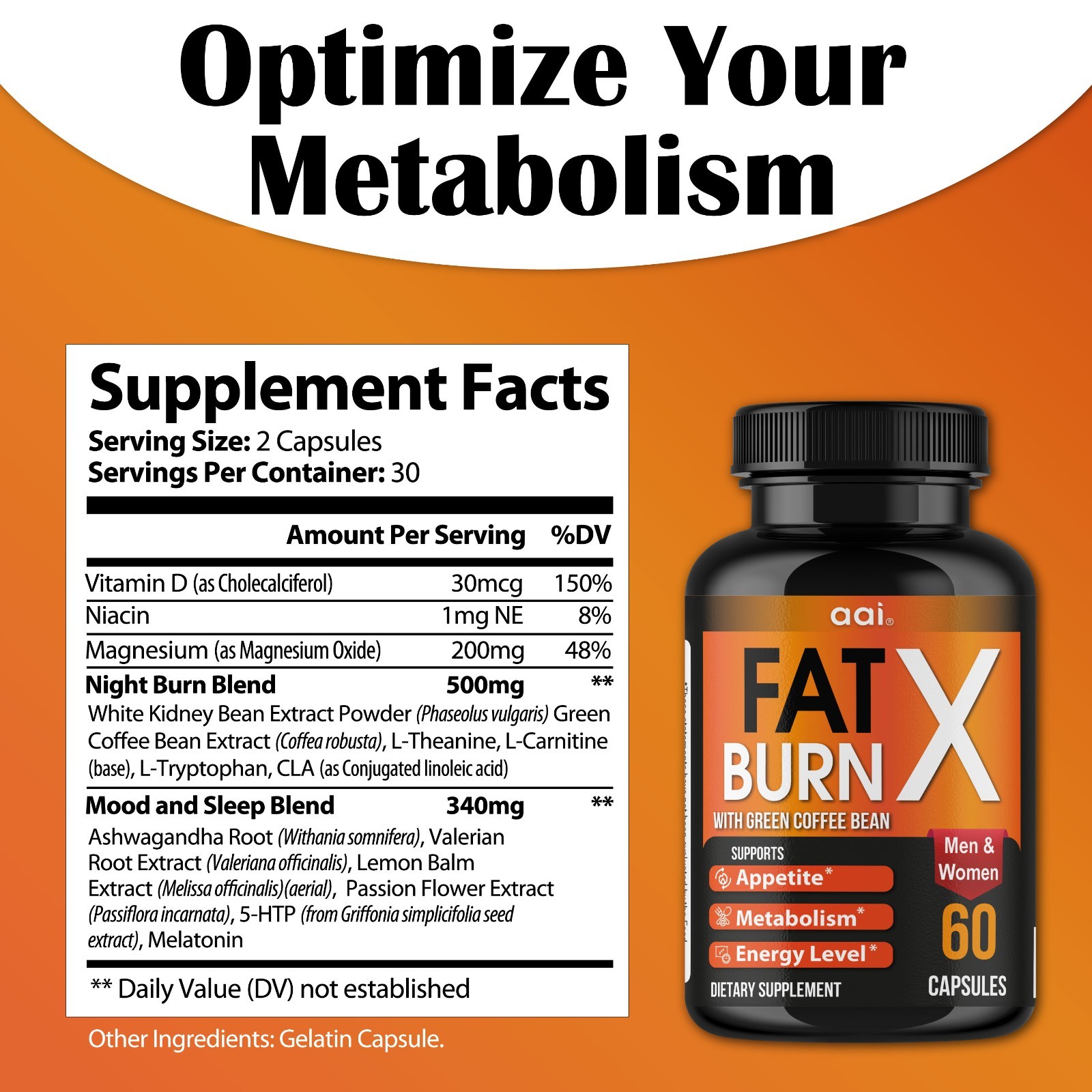 Fat Burn X Green Coffee Bean Capsules Metabolism Energy Support 60 Count
