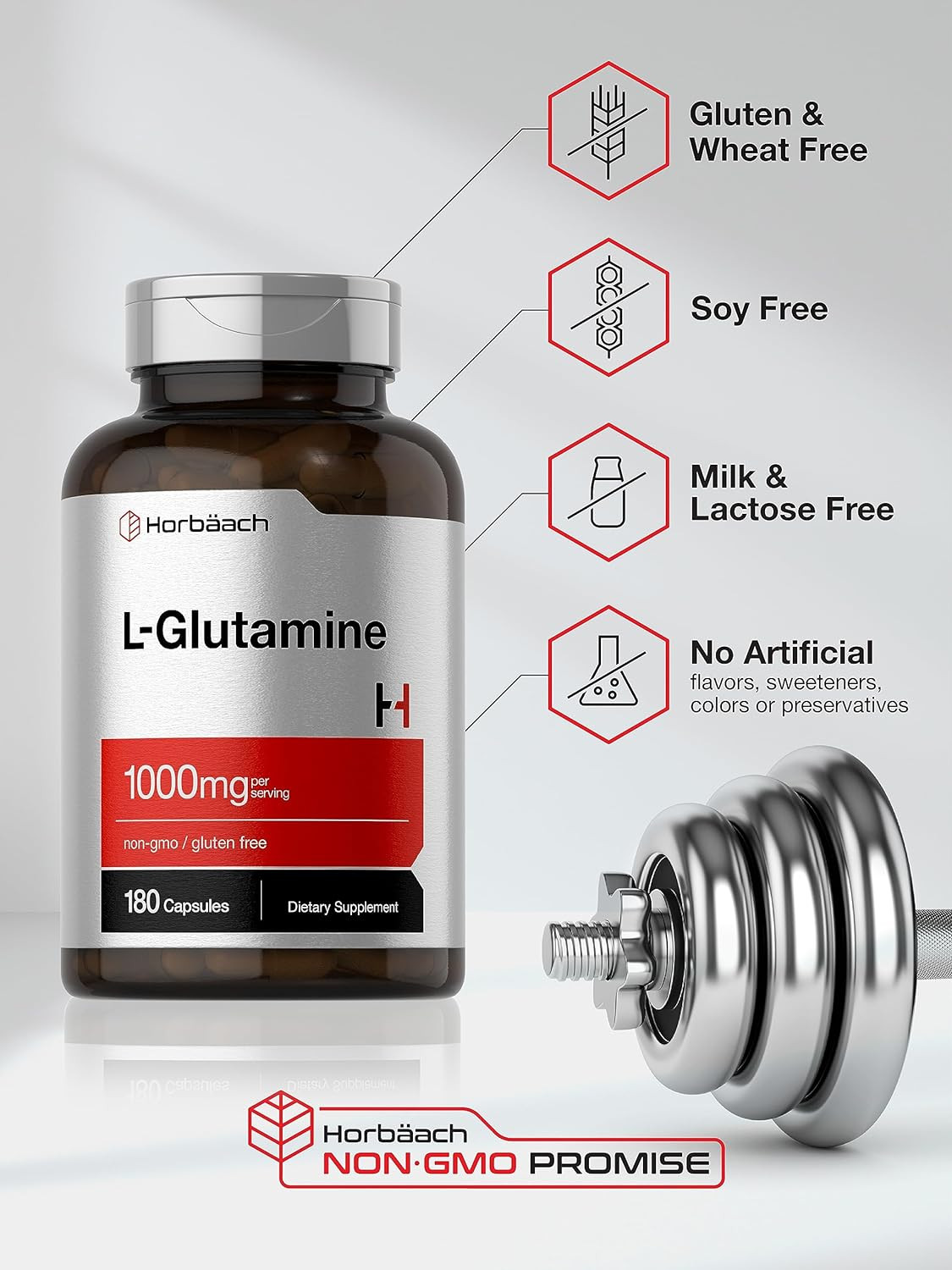 L-Glutamine Capsules 1000mg, 180 Count, Pre and Post Workout Supplement Horbaach