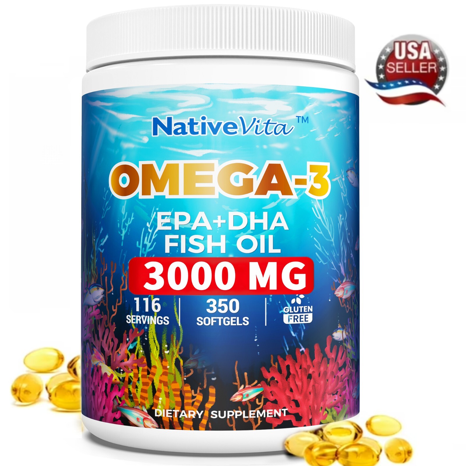 3000mg Fish Oil Softgels – Omega 3 Fish Oil Supplement – 540mg EPA + 360mg DHA