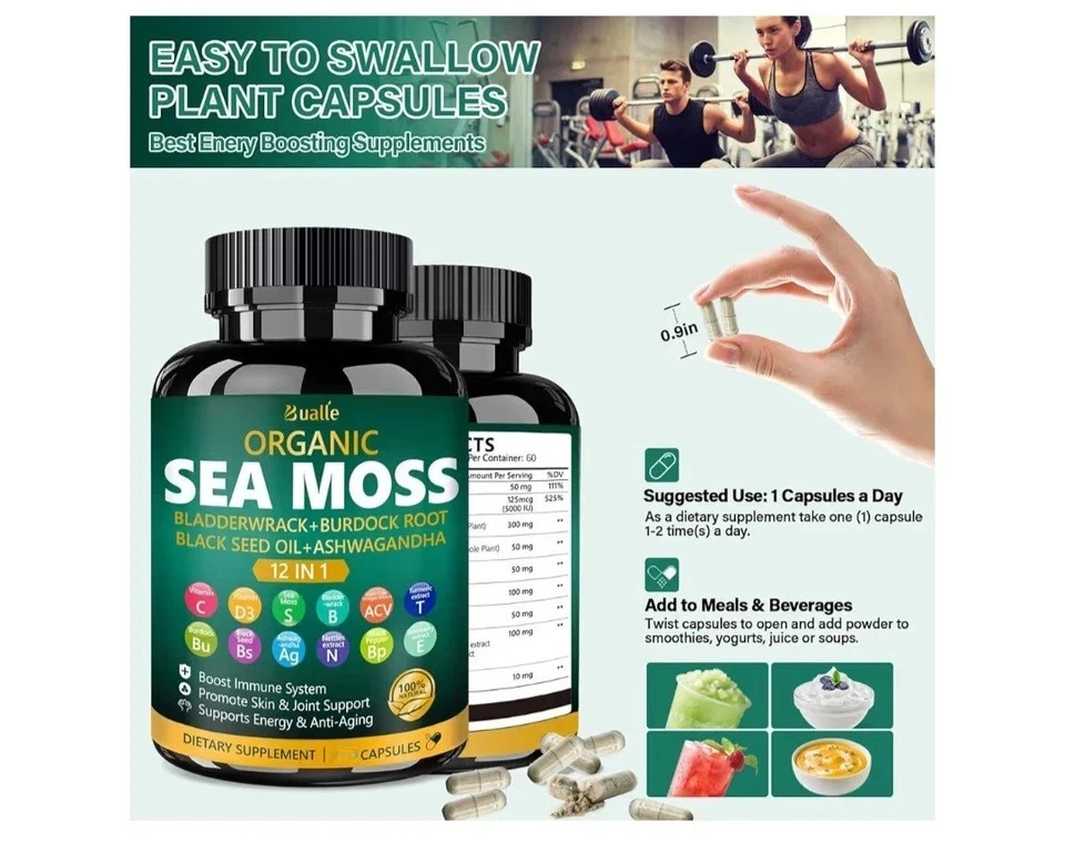 (1) Bualle Organic Sea Moss 12-in-1 Vitamin C D3 Bladderwrack 150 Capsules 8/27
