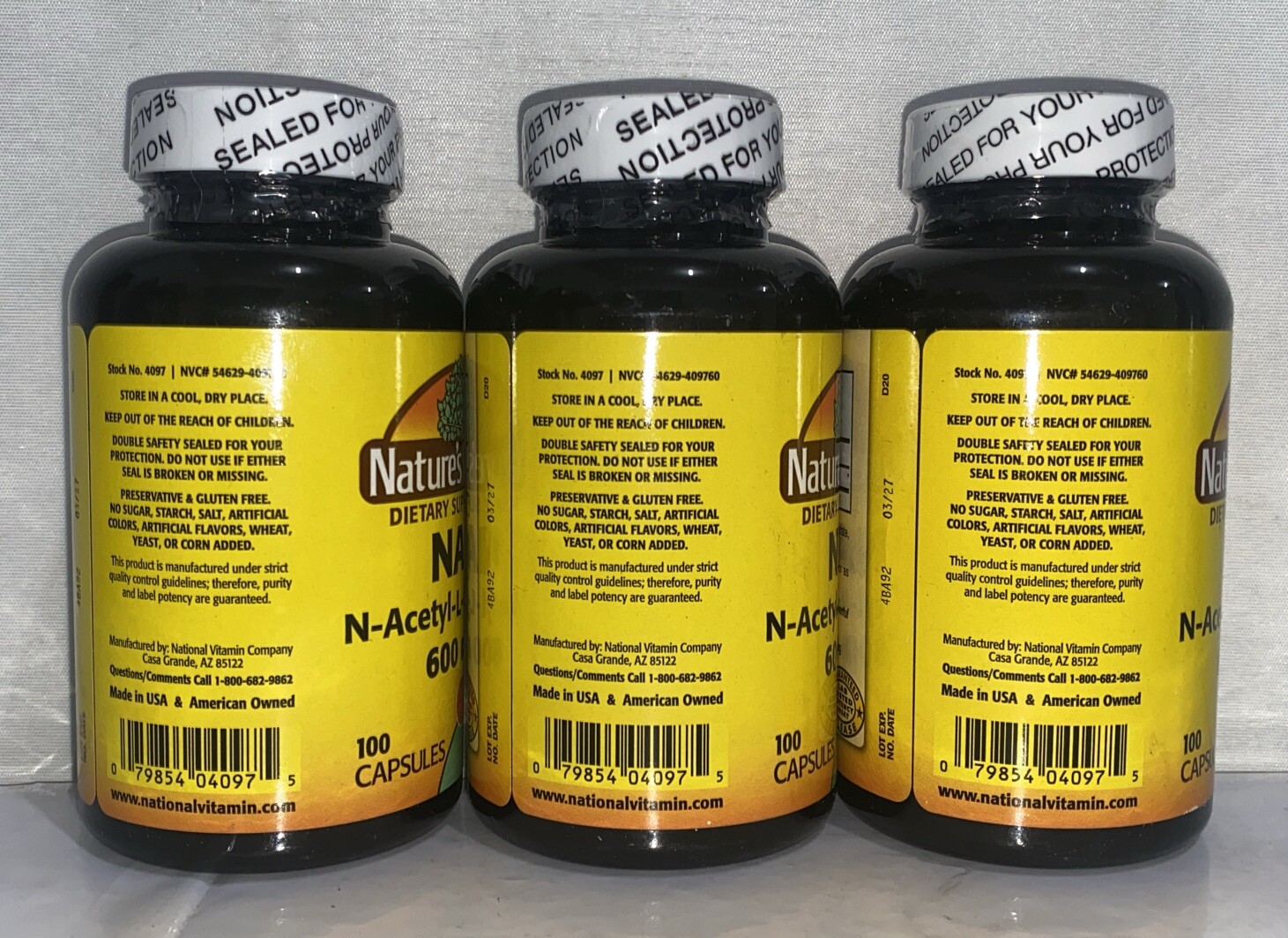 Lot Of 3-Nac Capsules 600 mg / 100 Caps Each