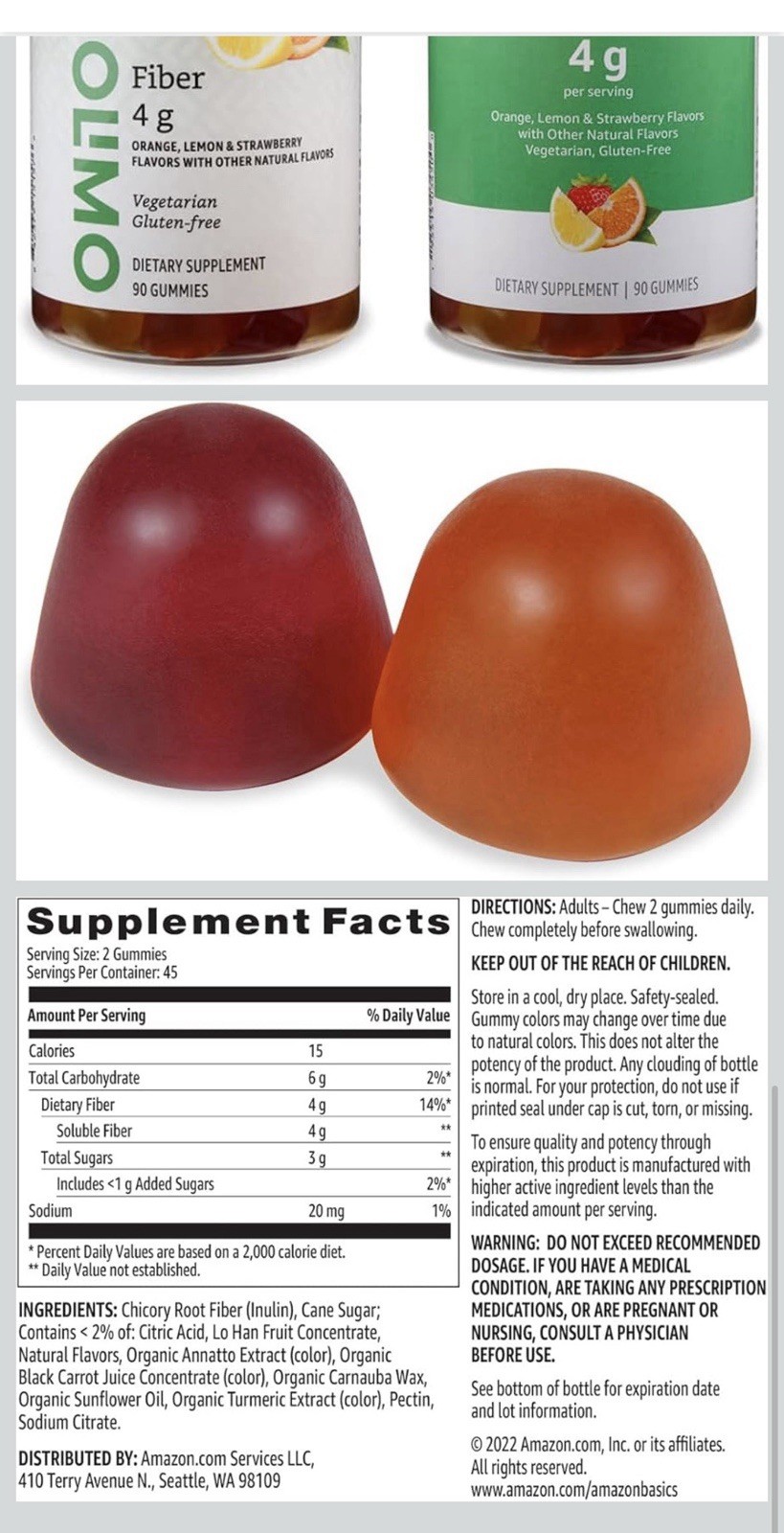 Amazon Basics Fiber 4g Digestive Support Gummies Orange Lemon Strawberry 90