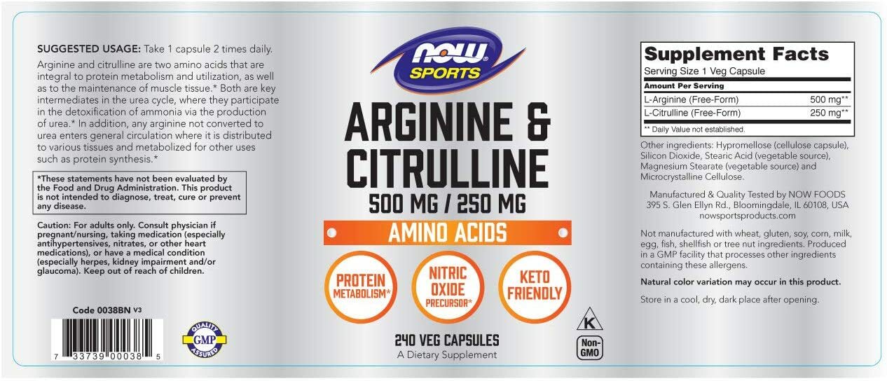 NOW FOODS Arginine & Citrulline 500 mg/ 250 mg, 240 Veg Capsules [3 Pack]