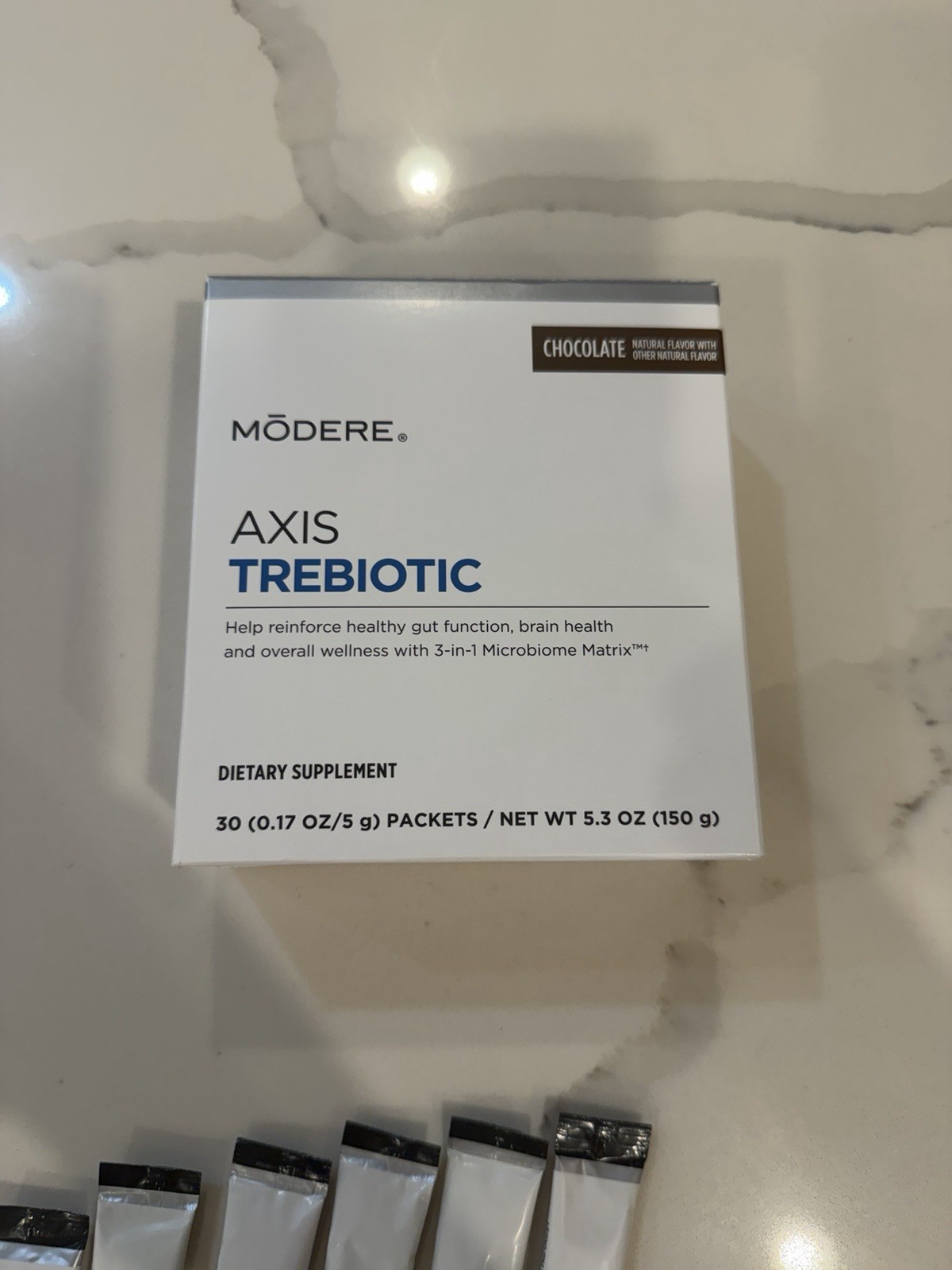 Modere Axis Trebiotic Pre/Pro/Postbiotic Chocolate 24 indiv Packets 5gNo Box