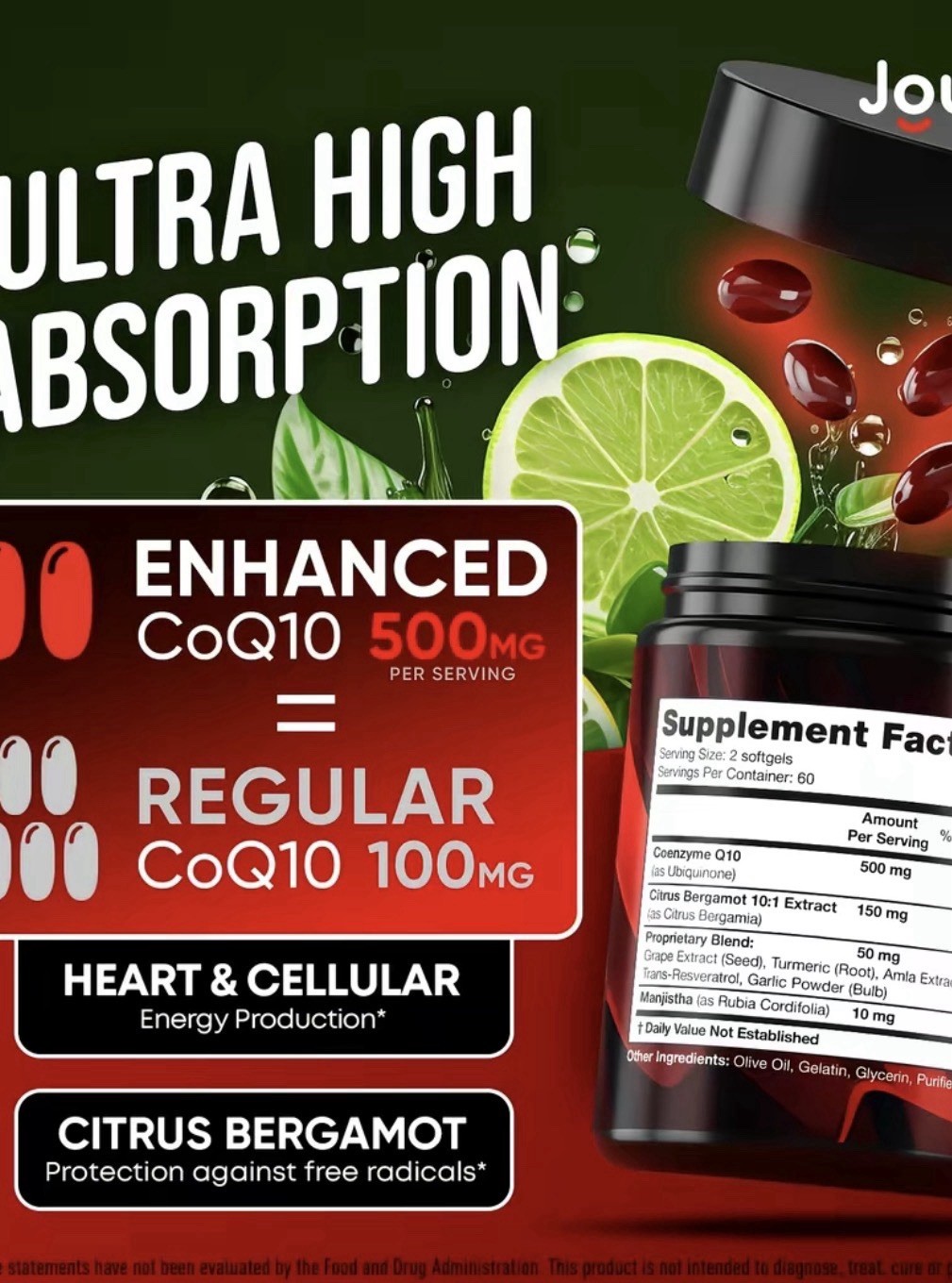 Joyli Enhanced CoQ10 500mg 120 Softgels Gluten-Free Non-GMO Exp 01/2028