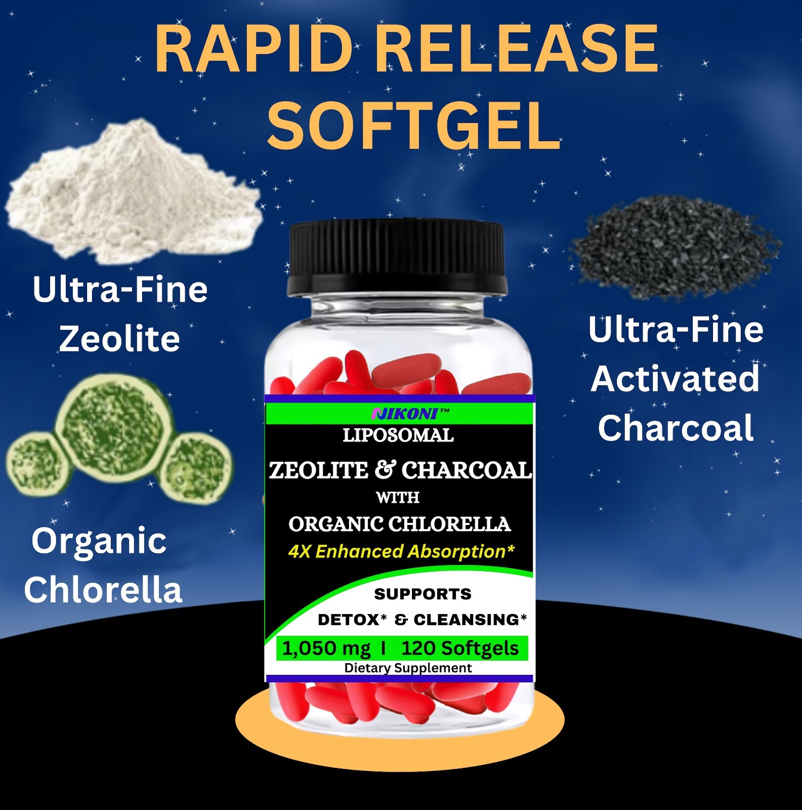 Nikoni Liposomal Zeolite, Charcoal & Organic Chlorella, Healthy Liver, Full Body