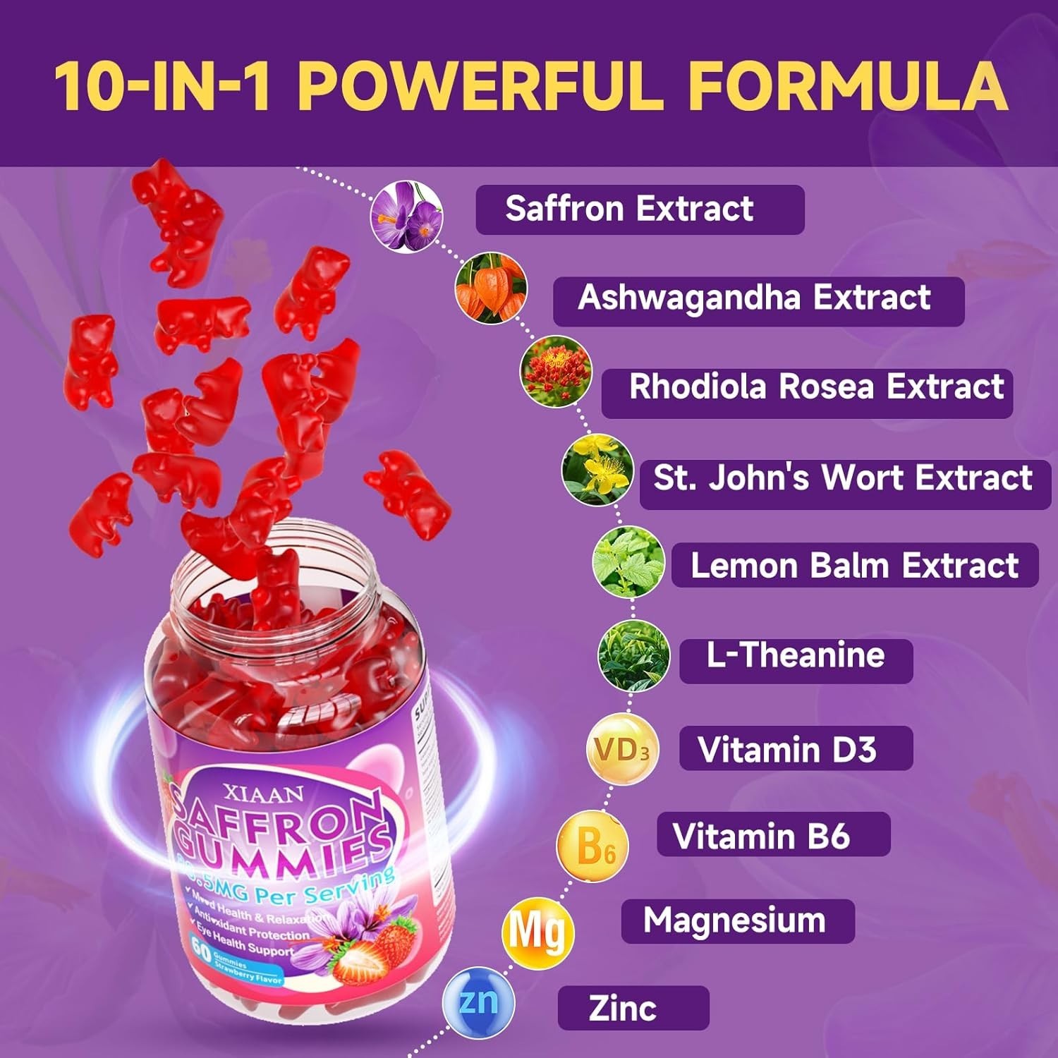 XIAAN Saffron Gummies 88.5mg – 10-in-1 Calm & Focus – Sugar Free Strawberry 60ct