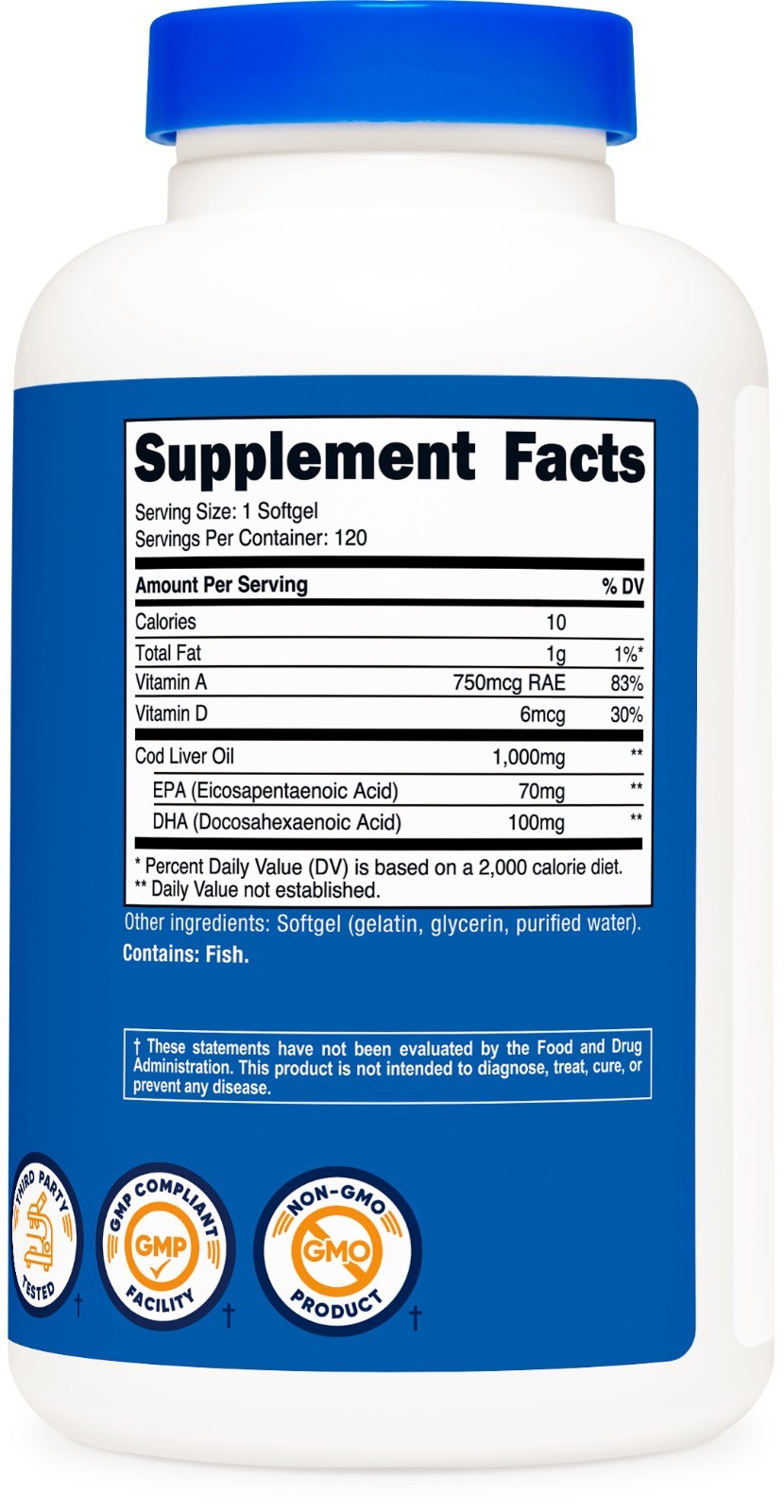 Nutricost Cod Liver Oil Capsules 1000mg, 120 Softgels – Non-GMO & Gluten Free
