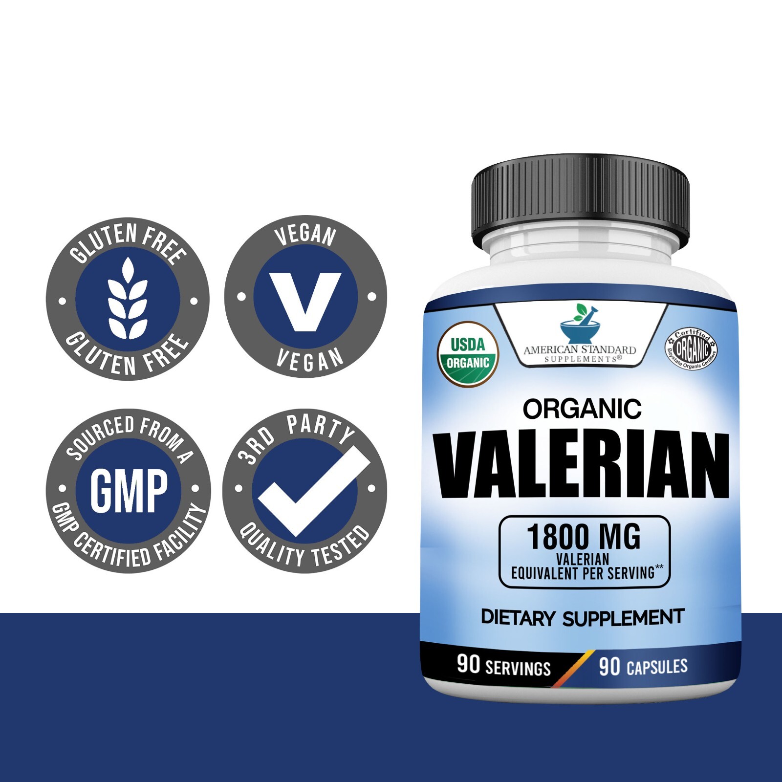 Valerian Root Capsules Organic 1800mg, Natural Sleep Aid, 90 Veggie Capsules