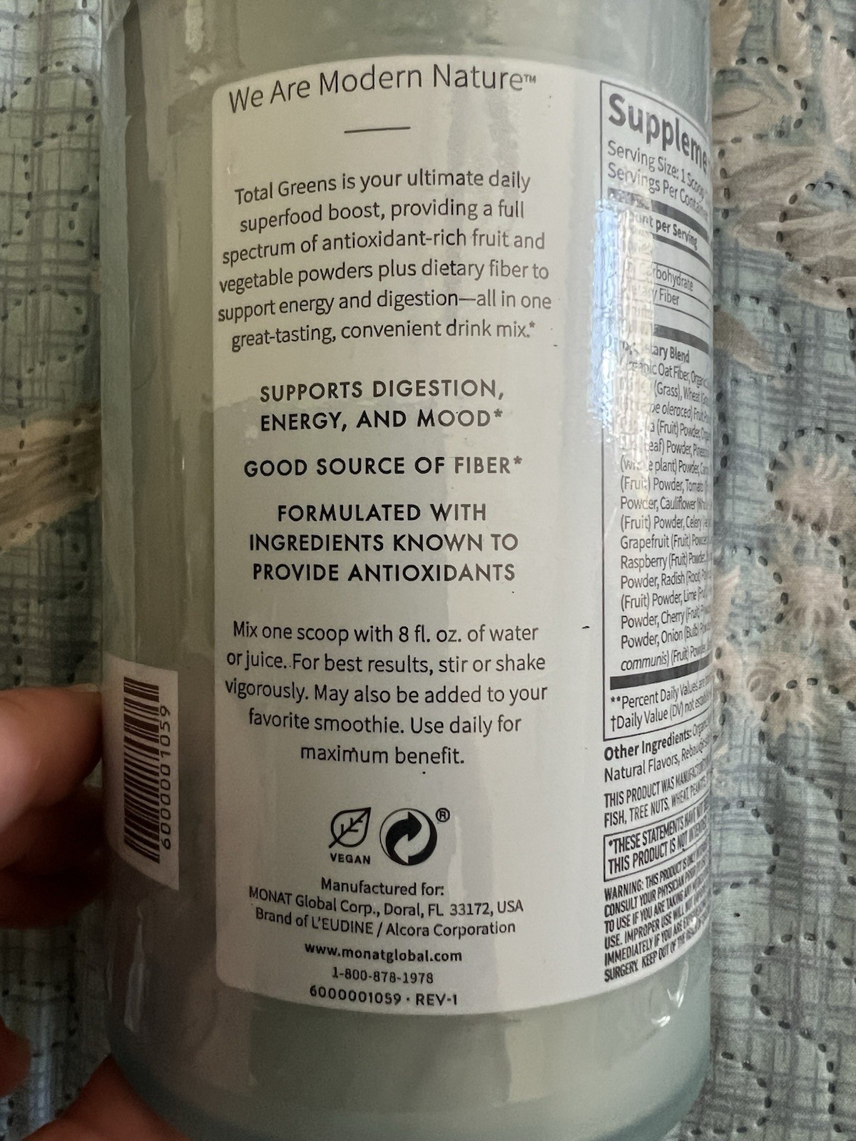 Monat Total Greens Superfood Mix Natural Berry Gr Flavor 10.5 oz NEW Exp 7/2026