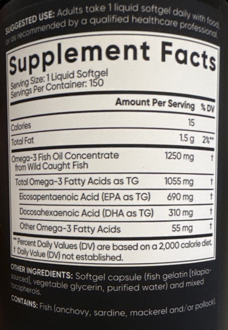 Sports Research Triple Strength Omega-3 Fish Oil 1250mg 150 Softgels Non-GMO