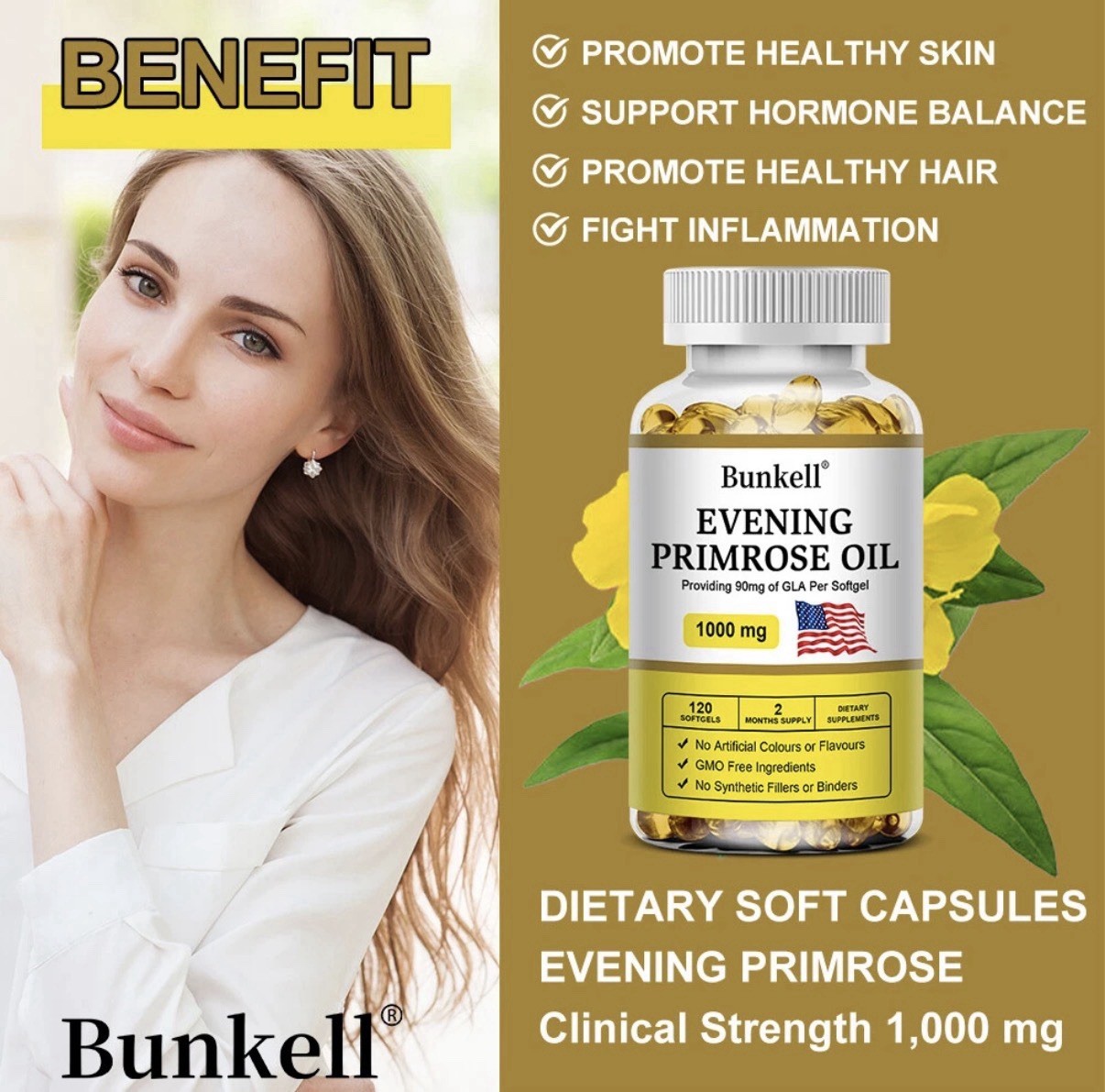 Bunkell Evening Primrose Oil Softgels Non-GMO 1000mg 120 Count