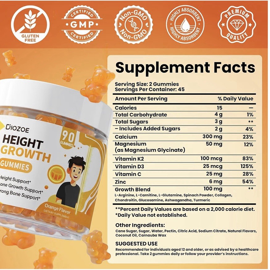 Diozoe Height Growth Gummies Orange 90 Count Gluten-Free Non-GMO GMP