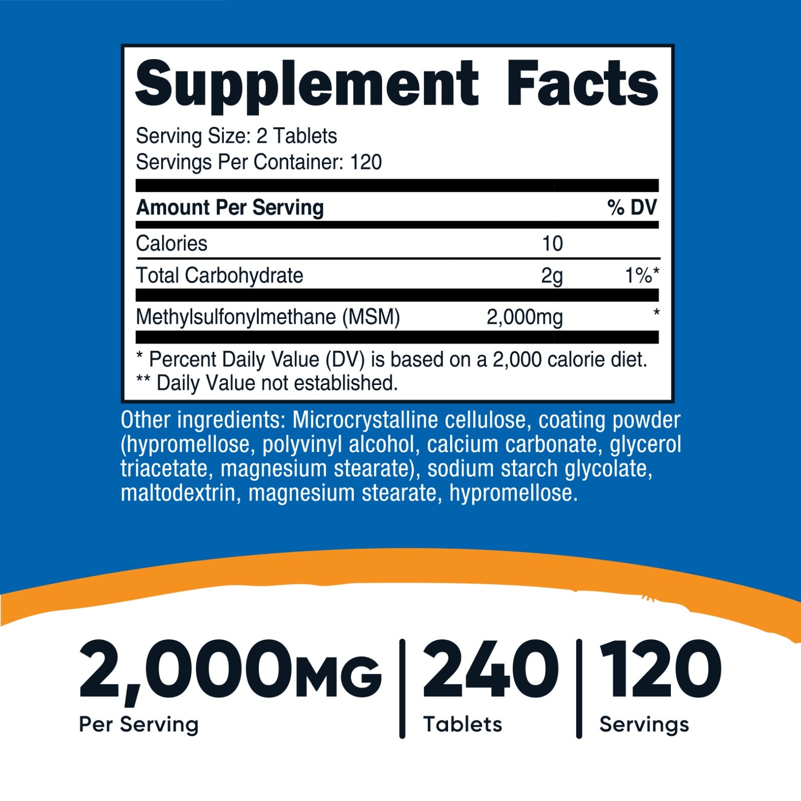 Nutricost MSM 2000mg Tablets (Methylsulfonylmethane) – 240 Tablets, 120 servings
