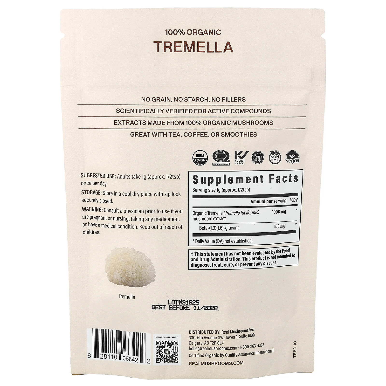Tremella, Organic Mushroom Extract Powder, 2.12 oz (60 g)