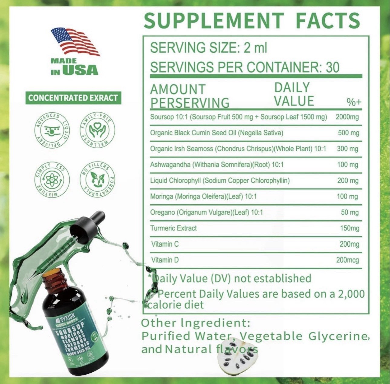 Soursop Moringa Seamoss Oregano Turmeric Liquid Drops Vegan Non-GMO 2 fl oz